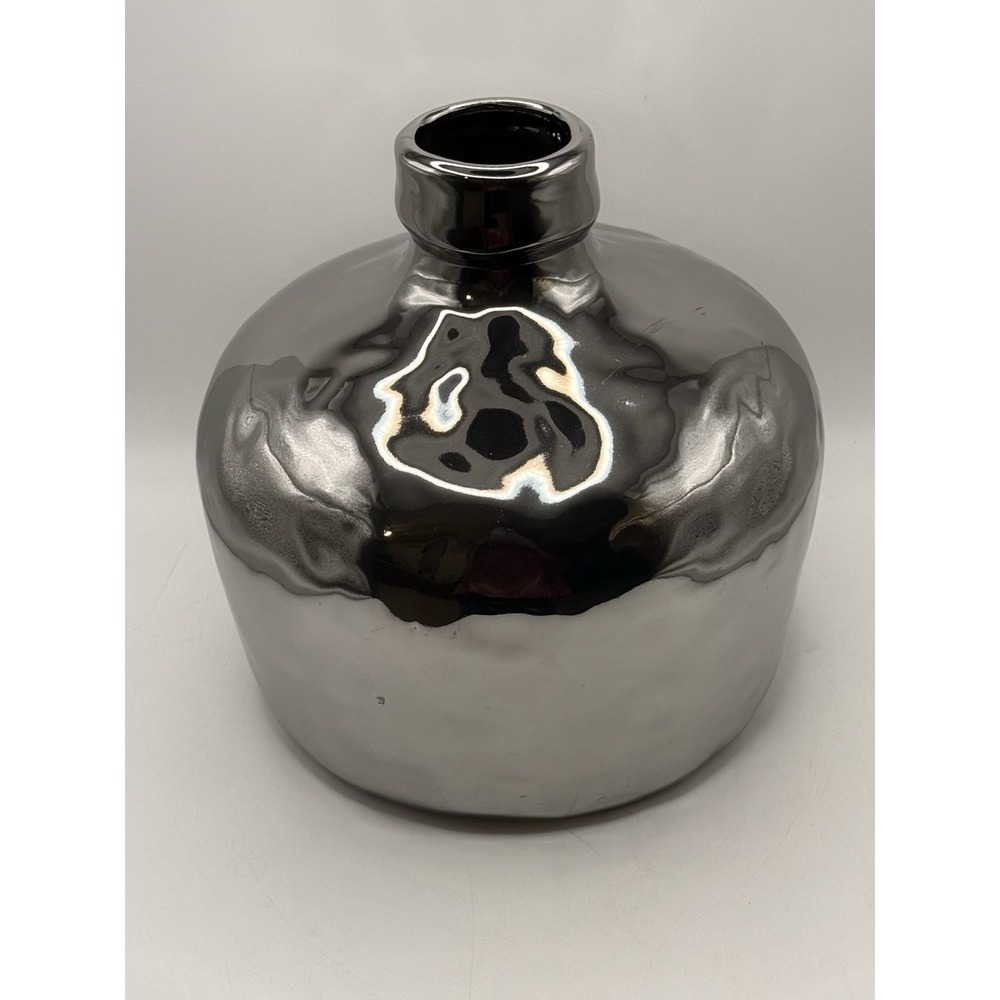 Modern Chrome Ceramic Vase Mirror Finish Sculptural Pottery Vessel Contemporary